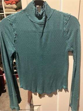 We The Free Teal Lettuce-Edge Mock Neck Long Sleeve Top